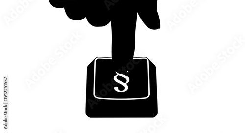 A human finger presses down on a black computer keyboard key displaying the white paragraph symbol, representing legal text, regulations, rules, terms, or conditions button action on transparent backg