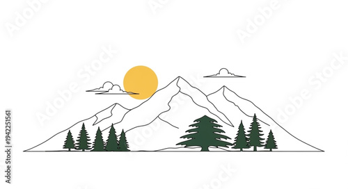 Minimalist Mountain Landscape Illustration with Sun and Trees.
