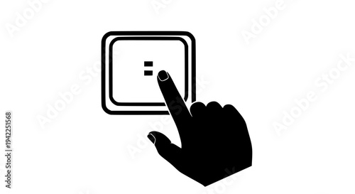 Black silhouette hand finger icon pressing the equals sign key on a square button interface element illustration on transparent background