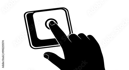 Black and white silhouette illustration showing a single human finger actively pressing a large, square activation button or doorbell mechanism on transparent background. 