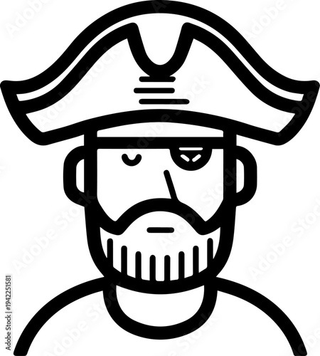 Hand Drawn Male Pirate Black and White Avatar Illustration in Minimal Line Art Style Design