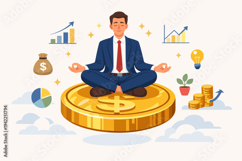Successful Businessman Meditating on Giant Gold Coin for Financial Mindfulness and Wealth Management. Behavioral Finance Concept with Investment Charts, Money Bag, and Growth Symbols.