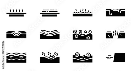 Collection of abstract black icons representing various natural elements and phenomena on a plain background from a straightforward viewpoint