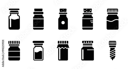 Collection of various bottle icons in black and white, showcasing different shapes and designs, vector illustrations