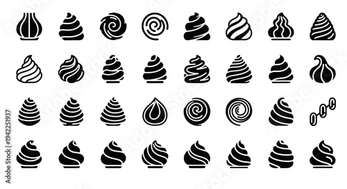 Collection of various black and white illustrations of swirled desserts displayed on a clean grid arrangement