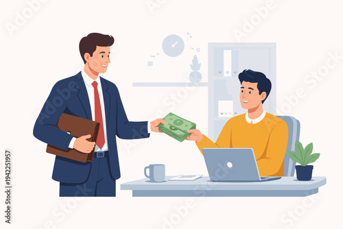 Businessman in a blue suit giving a stack of cash to a happy employee sitting at his office desk with a laptop. Concept of salary payment, bonus, wage, and financial reward in a flat vector style.