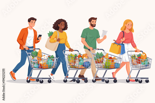 Diverse group of people pushing shopping carts full of groceries. Flat vector illustration of men and women shopping in a supermarket, buying fresh food, vegetables, and household essentials.