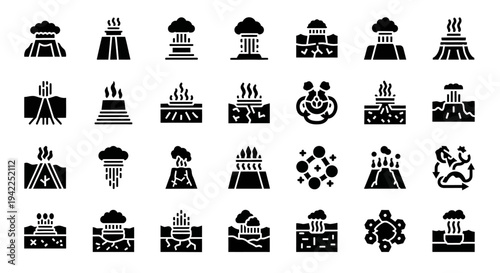 Collection of various black silhouettes of ancient buildings and structures displayed in a grid pattern on a plain background