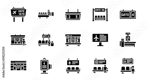 Collection of airport terminal and travel icons in black and white, featuring gate signs, check-in counters, and departure boards