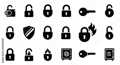 Collection of various black lock and security icons on white background displayed in a grid layout from a straightforward viewpoint