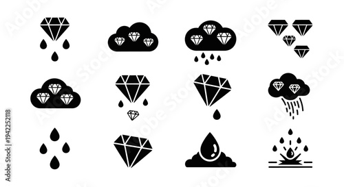 Collection of diamond icons depicting various weather conditions and gemstone-related themes in black illustrations