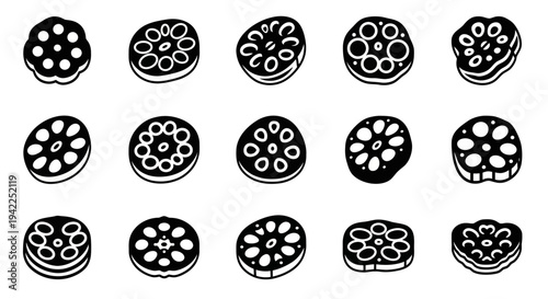 Illustrations of various pizzas in different topping arrangements viewed from directly above in a grid pattern
