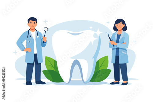 Male and female dentists standing by a giant healthy white tooth with dental tools. Flat vector illustration for dental clinic, oral hygiene, stomatology, and professional healthcare concepts.