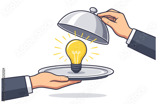 Business hands holding a silver platter and opening a cloche to show a glowing light bulb, representing creative solutions, innovation, inspiration, and presenting a new professional concept.