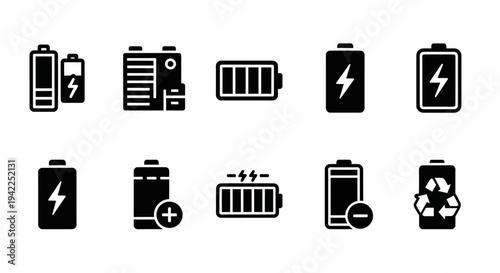 Collection of battery icons representing energy and power
