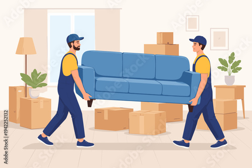 Professional Movers Carrying Blue Sofa in New Apartment with Cardboard Boxes, Relocation and Moving Service Concept, Flat Vector Illustration of Workers Transporting Furniture to New Home.