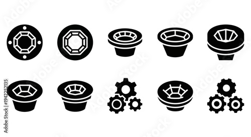 A collection of black and white mechanical icons, gears, and symbols on a plain background from a direct viewpoint