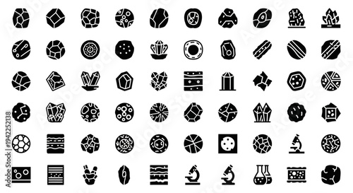 Collection of various black icons representing different objects and concepts displayed on a clean white background from a direct viewpoint