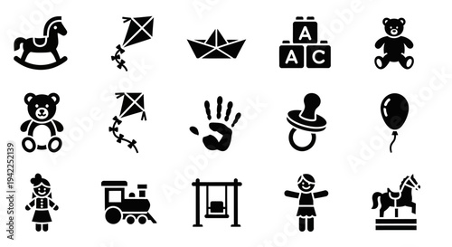 Collection of simple black icons representing various children's toys and objects on a white background viewed from a straightforward perspective