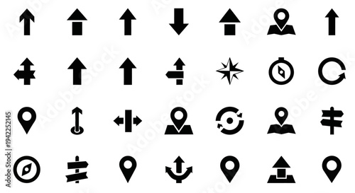 Collection of Navigation and Direction Icons on a White Background