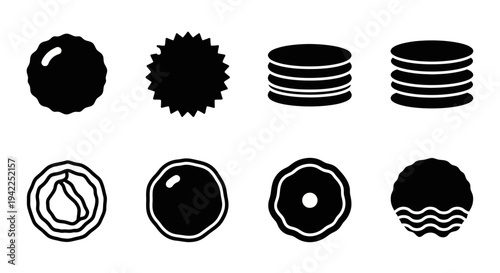 Assorted donut icons in black and white, displayed in a grid arrangement, showcasing various toppings and designs