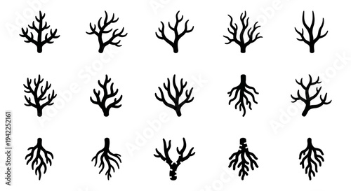 Collection of various tree silhouettes against a plain background from a straightforward viewpoint