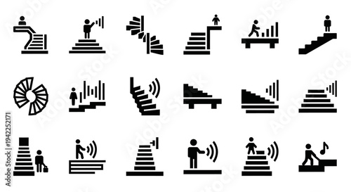 Collection of black silhouettes depicting various staircases and people exercising on them from different viewpoints