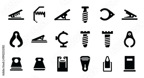 Collection of black icons representing various industrial and technical symbols displayed on a clean white background viewed from a straightforward perspective
