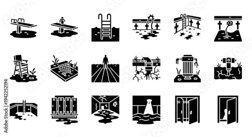 Collection of Industrial Icons Featuring Machines and Equipment in Various Settings