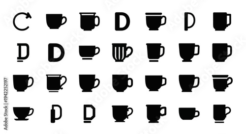 Collection of various cup icons in different shapes and designs displayed on a grid layout