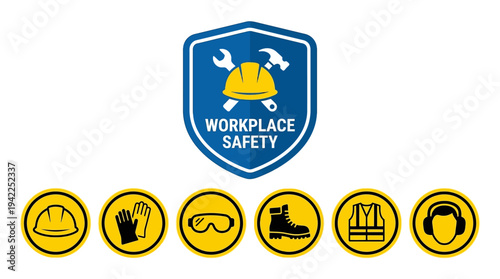 Workplace safety icons shield warning construction