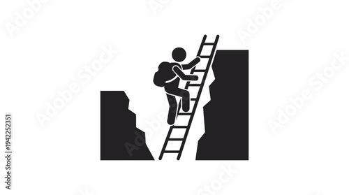 Silhouette man backpack climbing ladder between cliffs