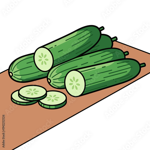 A pile of fresh, green cucumbers, some whole and some sliced, artfully arranged on a wooden cutting board, showcasing their crisp texture and vibrant color.
