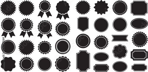 A comprehensive collection of black badge seals and starburst shapes on a clean white background