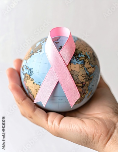 A hand holds a small globe, adorned with a pink ribbon, symbolizing global breast cancer awareness