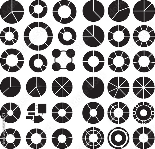 A diverse set of black pie charts and donut graphs illustrating various data segmentations