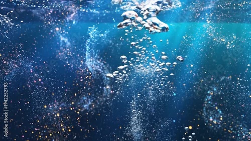 Bubbles rise through sparkling particles in deep blue water