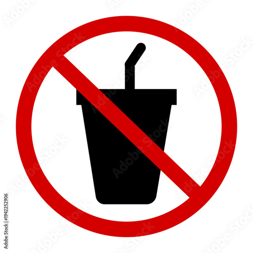 No drinking prohibition icon featuring a beverage glass crossed by a red ban symbol, suitable for warning signs, public rules, and restricted area notices.