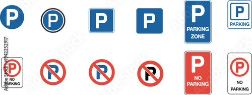Assortment of parking and no parking signs with different designs symbol