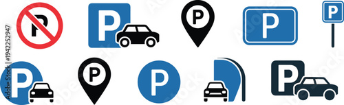 Assortment of parking signs icons with cars and location pins and no parking symbol Keywords: parking, sign, car, automobile