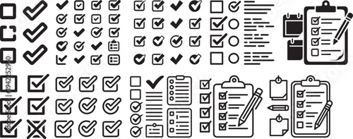 Assortment of black silhouette icons depicting office stationery and planning tools for daily tasks