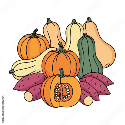 A vibrant illustration showcasing a bountiful harvest of various pumpkins, squashes, and sweet potatoes, arranged artfully for a festive autumn display.