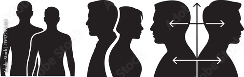 Black silhouettes of human figures and head profiles showing measurement concepts on a white background