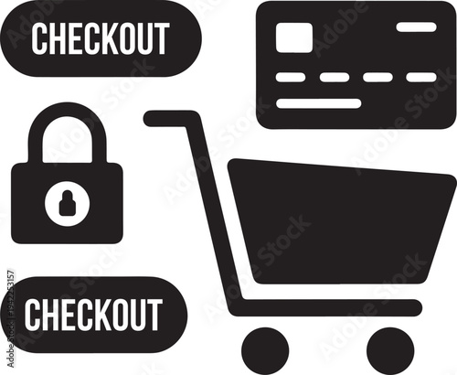Essential black icons for secure online shopping transactions including checkout buttons and payment methods