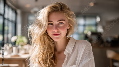 Free Download Portrait of a Beautiful Young Woman with Blonde Hair in a Bright, Airy Cafe Setting - GFXLoad