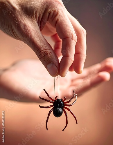 A hand holds a small, plastic spider on a string