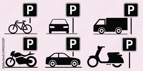 Black vehicle parking icons with P signs on a light pink background Keywords: parking, icon, sign, symbol, bicycle, car
