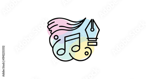 Harmonious blend of creative expression, featuring musical notes, a pen, and fluid shapes, symbolizing artistic inspiration and design