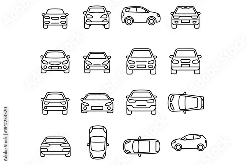 Collection Of Car Icons In Black Outline On White Background automobile vehicle
