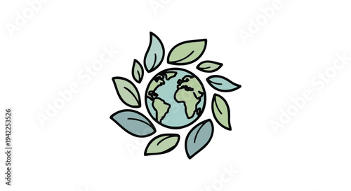 Eco-friendly Earth icon with surrounding green leaves, symbolizing environmental care and sustainability in a clean and minimalist design